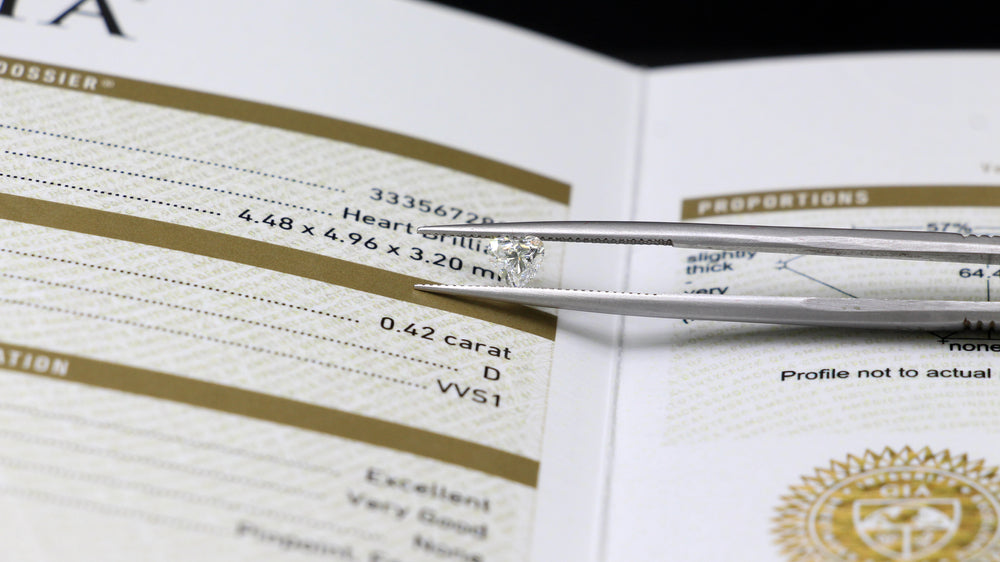 diamond certificate with loose diamond in tweezers